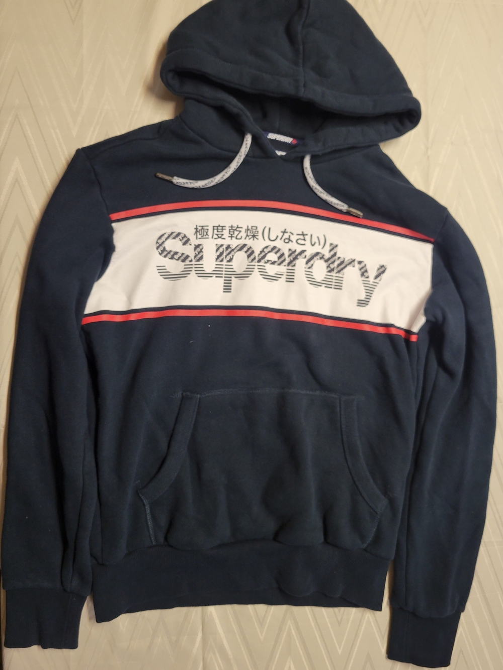 Superdry Navy Hoodie with White Chest Panel and Red Stripes